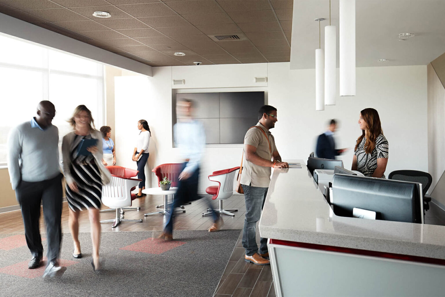 Employees in an office lobby